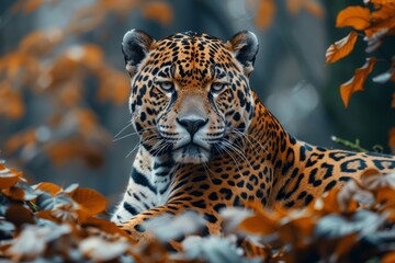 Obraz premium A captivating portrait of a leopard gazing intently surrounded by soft autumn foliage, showcasing its spotted coat