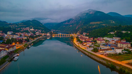 Sunrise panorama view of Bosnian town Visegrad