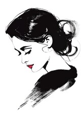 Artistic black ink drawing of a woman’s side profile with detailed hair and shoulder, face obscured for anonymity