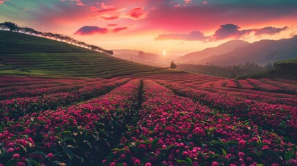 Curved row of tea plantation through the cosmos flowers field with dramatic twilight sky when sunset