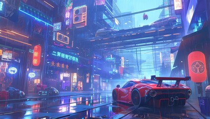 An empty street, with neon signs and futuristic buildings. 