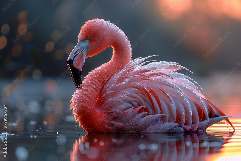 Poster a serene scene capturing a single flamingo bathing in tranquil waters, highlighted by the warm glow 