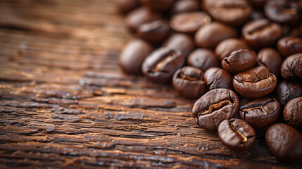 A pile of coffee beans on a wooden surface