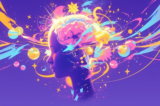 An illustration of an abstract human head with colorful elements and shapes representing the brain. 4e