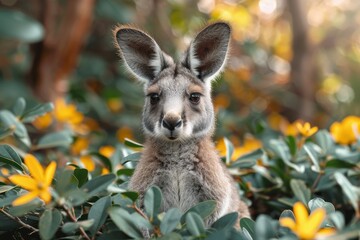 An endearing image of a young kangaroo peeking through vibrant yellow flowers, capturing a moment of innocence