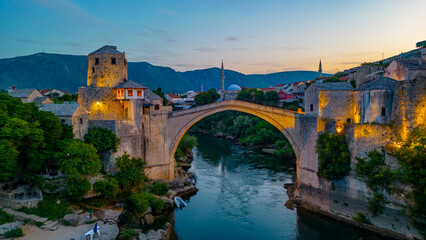 Fototapeta na wymiar Sunset view of the old Mostar bridge in Bosnia and Herzegovina