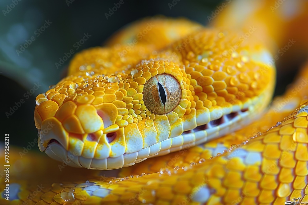 Poster macro shot capturing the intricate details and vibrant yellow color of a python's scales with water 