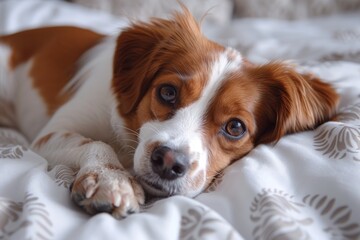 A close-up of a brown and white dog with big expressive eyes lying down on a floral pattern bedspread, looking serene