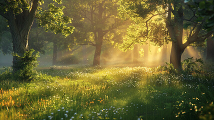 A tranquil forest glade illuminated by golden sunlight filtering through the trees.