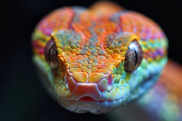 An artistic representation of a python's face with a blend of fluorescent colors producing a hypnotic, abstract effect - obrazy, fototapety, plakaty