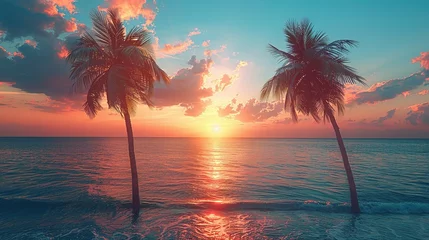 Fotobehang Palm Trees Silhouettes On Tropical Beach At Sunset - Modern Vintage Colors © Jennifer