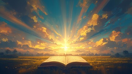 An open Bible with rays of light emanating from it, set against the backdrop of an idyllic landscape - obrazy, fototapety, plakaty