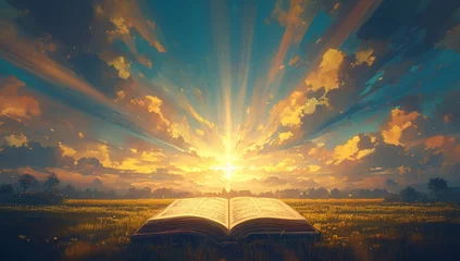 Fototapeten An open Bible with rays of light emanating from it, set against the backdrop of an idyllic landscape © Photo And Art Panda