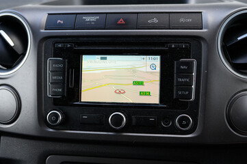 Car GPS Navigation System Display: High-Resolution Interface with Maps and Directions in Modern Vehicle