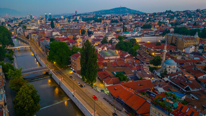 Sunrise over Mlijacka river in the center of Sarajevo, Bosnia and Herzegovina
