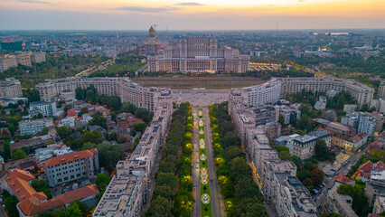 Sunset view of Bulevardul Unirii boulevard leading to the Romanian parliament in Bucharest