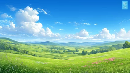 Foto op Canvas Beautiful green meadow with blue sky and white clouds © Photo And Art Panda