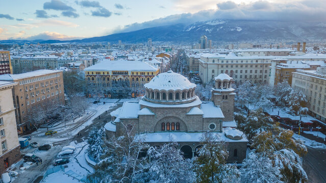 Winter aerial view of Saint Nedelya church in Sofia, Bulgaria