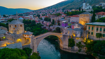 Sunset view of the old Mostar bridge in Bosnia and Herzegovina