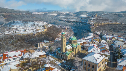 Winter aerial view of Tsarevets and Trapezitsa fortresses in Veliko Tarnovo, Bulgaria