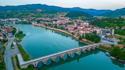 Fototapeta na wymiar Sunrise view of Mehmed Pasa Sokolovic Bridge in Visegrad, Bosnia and Herzegovina