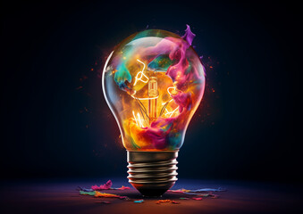 Exploding Light Bulb, Vivid Colors, Creative Concept, Dark Background