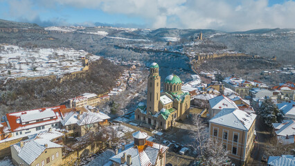 Winter aerial view of Tsarevets and Trapezitsa fortresses in Veliko Tarnovo, Bulgaria