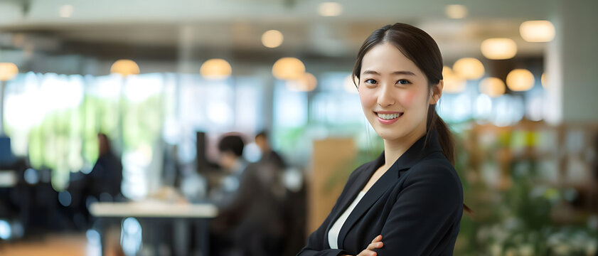 Asian bisiness woman smiling with office in the background