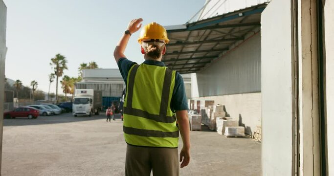 Worker, truck and door with wave for delivery in logistics, supply chain or help for loading. Woman, parking lot and industry vehicle with gesture for support, distribution and courier in Switzerland