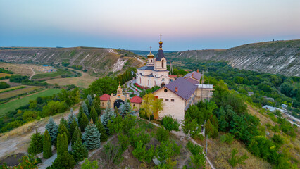 Fototapeta na wymiar Sunset panorama of St. Mary's Church at Orheiul Vechi in Moldova