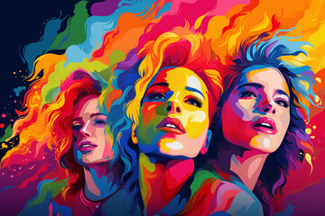 Trio of Women with Vivid Abstract Colors, Energetic Artistic Portrait with Copy Space