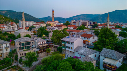 Sunrise aerial view of the old town of Mostar, Bosnia and Herzegovina
