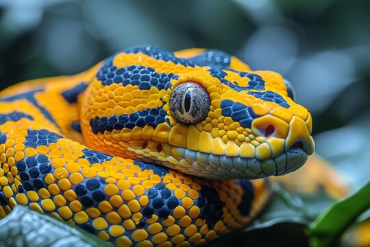 Detailed close-up shot of a yellow python showing its intricate scale pattern and captivating, glassy eye