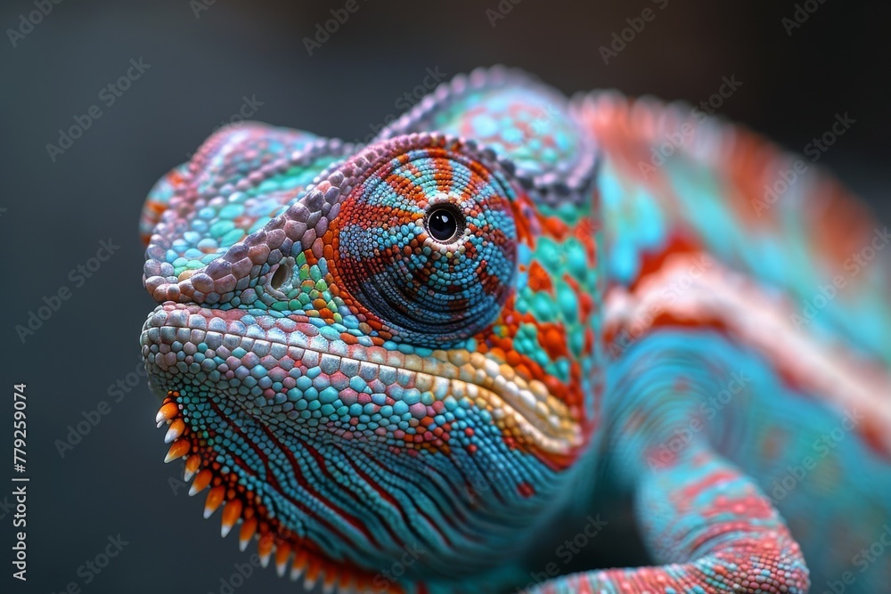 Poster this profile view captures the intense colors and patterns on the skin of a vividly colored chameleo