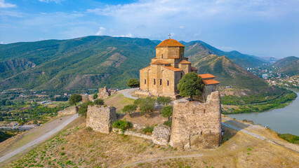 Panorama view of Jvari Monastery during a sunny day in georgia