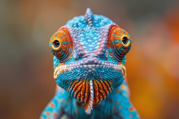 Obraz premium A chameleon's symmetrical frontal pose offers a mesmerizing face-to-face encounter with its unique features