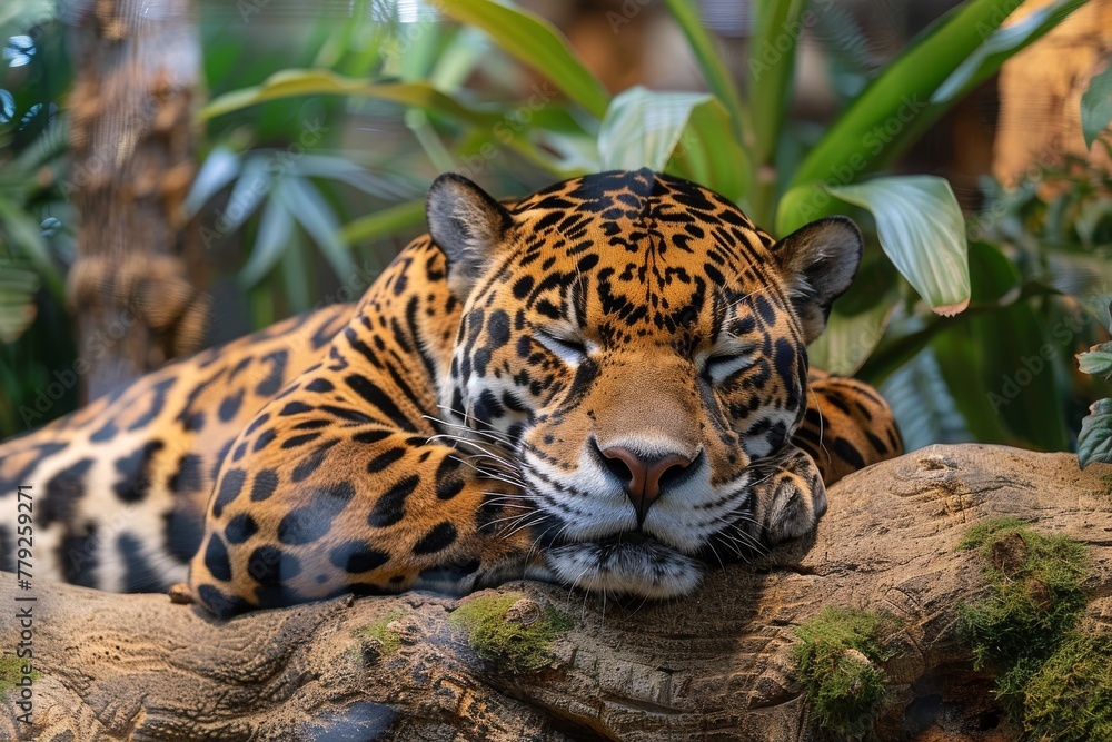 Poster peaceful image of a jaguar sleeping on a tree branch with lush greenery in the background