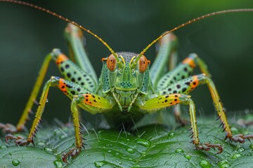 Naklejka premium The detailed frontal view of a grasshopper, showing off its symmetrical patterns and dew drops covering its body