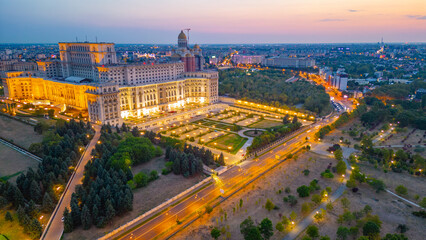 Fototapeta na wymiar Sunset panorama view of the Romanian parliament in Bucharest