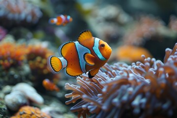 Shot in its natural environment, the iconic orange clownfish swims near vivid sea anemone tendrils - obrazy, fototapety, plakaty