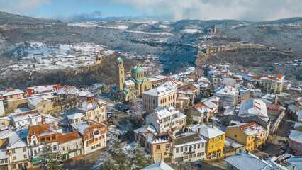 Winter aerial view of Tsarevets and Trapezitsa fortresses in Veliko Tarnovo, Bulgaria