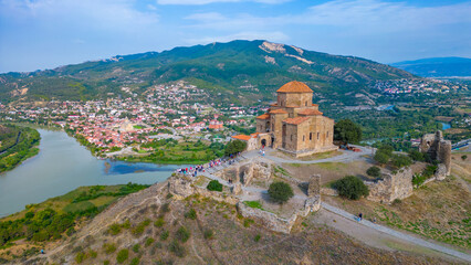 Panorama view of Jvari Monastery during a sunny day in georgia - obrazy, fototapety, plakaty