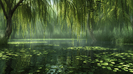 A tranquil pond surrounded by weeping willow trees, their branches dipping into the water.