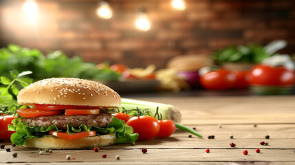 Close-Up of Delicious Hamburger with Fresh Vegetables on Wooden Table, Composed with Rule of Thirds