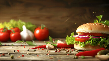 Close-Up of Delicious Hamburger with Fresh Vegetables on Wooden Table, Composed with Rule of Thirds