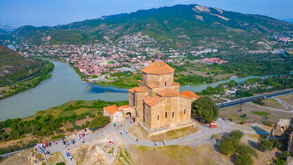 Panorama view of Jvari Monastery during a sunny day in georgia