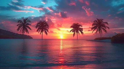 Gordijnen Palm Trees Silhouettes On Tropical Beach At Sunset - Modern Vintage Colors © Jennifer