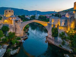 Sunset view of the old Mostar bridge in Bosnia and Herzegovina