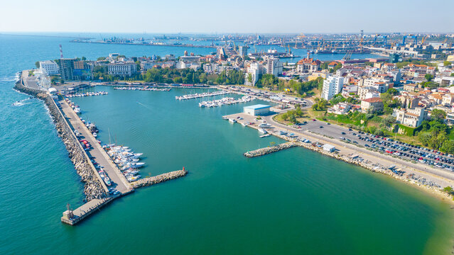 Panorama aerial view of seaside promenade in Romanian town Constanta