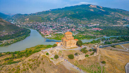 Panorama view of Jvari Monastery during a sunny day in georgia